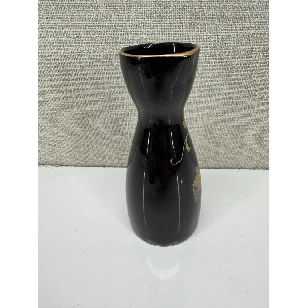 Vintage MCI Japan Black Vase Gold Grape Design‎ Mid Century Ceramic